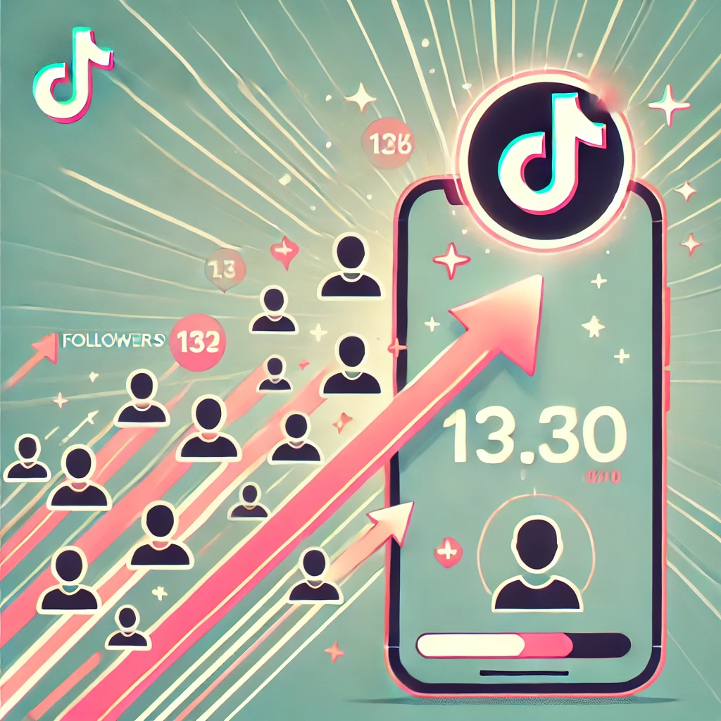 รูปภาพนี้แสดงถึงโปรไฟล์ Tiktok ที่กำลังเพิ่มจำนวนผู้ติดตามอย่างรวดเร็ว โดยมีสัญลักษณ์ผู้ใช้งานเพิ่มขึ้นอย่างต่อเนื่องและองค์ประกอบที่สื่อถึงการเติบโตอย่างรวดเร็ว