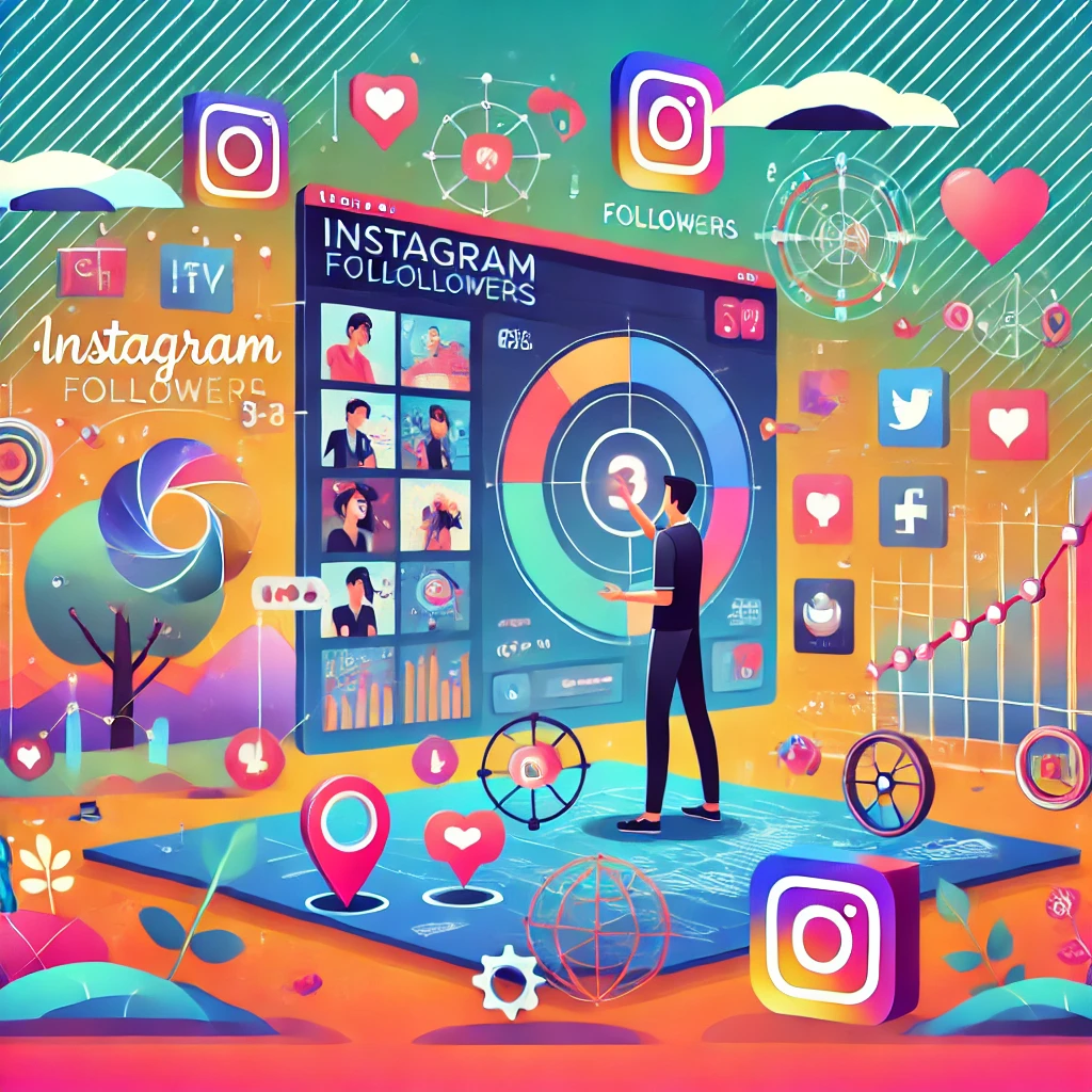 ภาพประกอบการเพิ่มผู้ติดตามใน Instagram แสดงฟีเจอร์ของ Instagram เช่น Reels, Stories และ IGTV รวมถึงการสร้างเนื้อหาที่น่าสนใจ การวิเคราะห์ข้อมูล และการโต้ตอบกับผู้ติดตาม