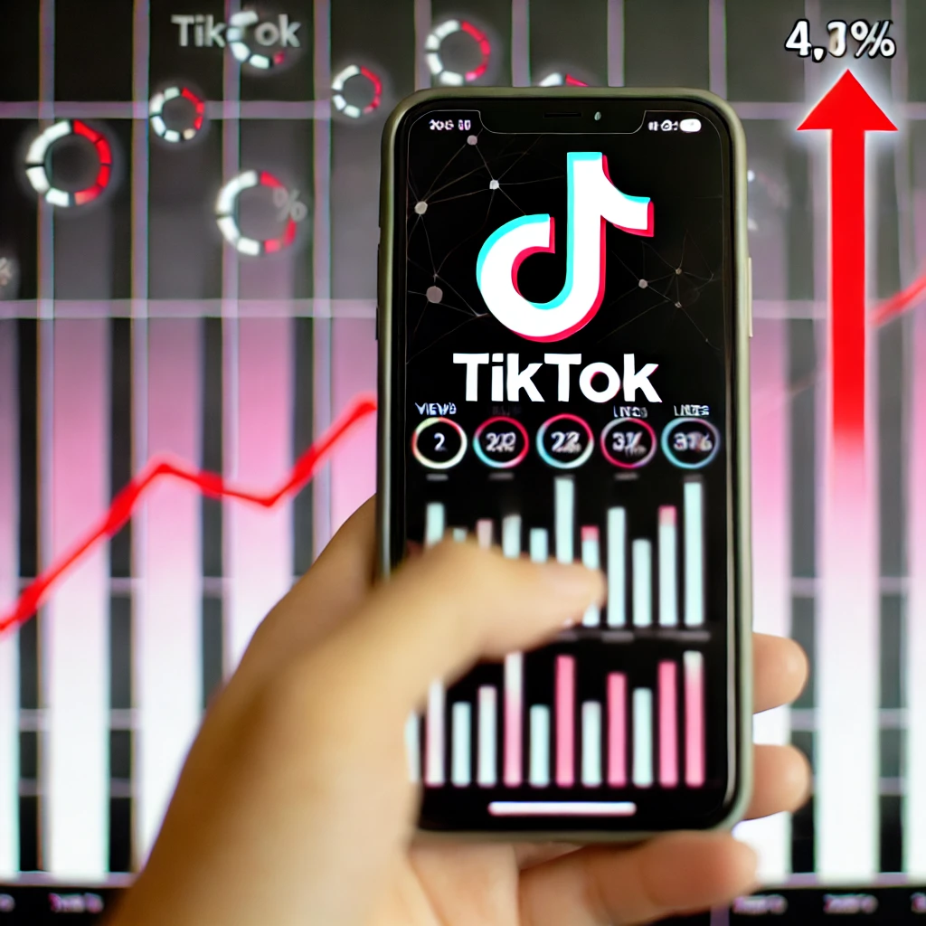 หน้าจอสมาร์ทโฟนแสดงการใช้งาน TikTok พร้อมยอดวิวและไลค์ที่เพิ่มขึ้น โดยมีกราฟและชาร์ตแสดงการเติบโตในพื้นหลัง สื่อถึงกลยุทธ์การเพิ่มยอดวิว TikTok ที่มีประสิทธิภาพ