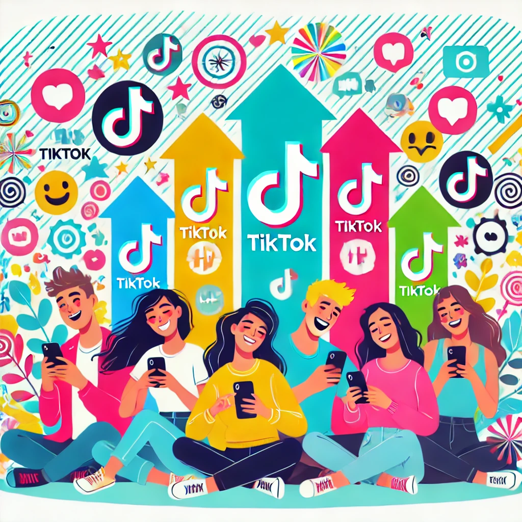 กลุ่มคนที่มีความสุขกำลังใช้ Tiktok บนโทรศัพท์มือถือ มีฉากหลังที่สดใสและมีสีสัน แสดงถึงการเพิ่มผู้ติดตาม Tiktok