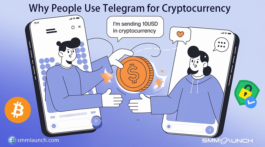 Illustration of a man sending and a woman receiving cryptocurrency on overlapping smartphone screens, highlighting 