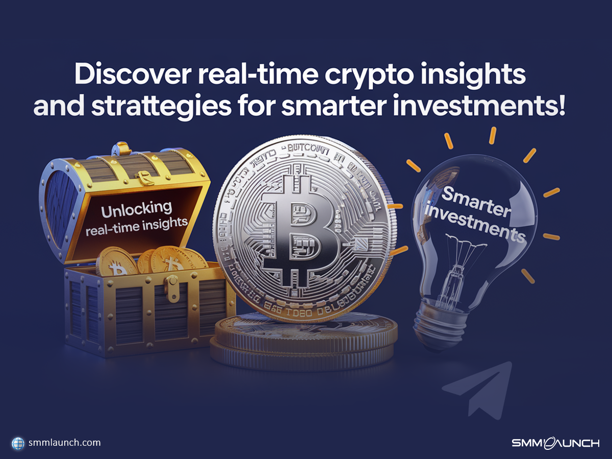 Promotional graphic featuring a Bitcoin coin, a treasure chest filled with Bitcoin tokens labeled 'Unlocking real-time insights,' and a glowing lightbulb representing 'Smarter investments.' The image emphasizes SMMlaunch branding and highlights the concept of using a Buy Crypto Telegram channel to access real-time crypto insights and strategies for improved investments.