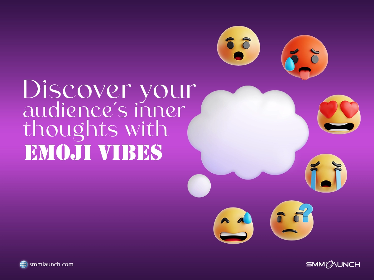 Vibrant image with various expressive emojis like love, surprise, sadness, and confusion surrounding a white thought cloud, symbolizing insights, along with the text 'Discover your audience's inner thoughts with Emoji Vibes' on a purple gradient background.