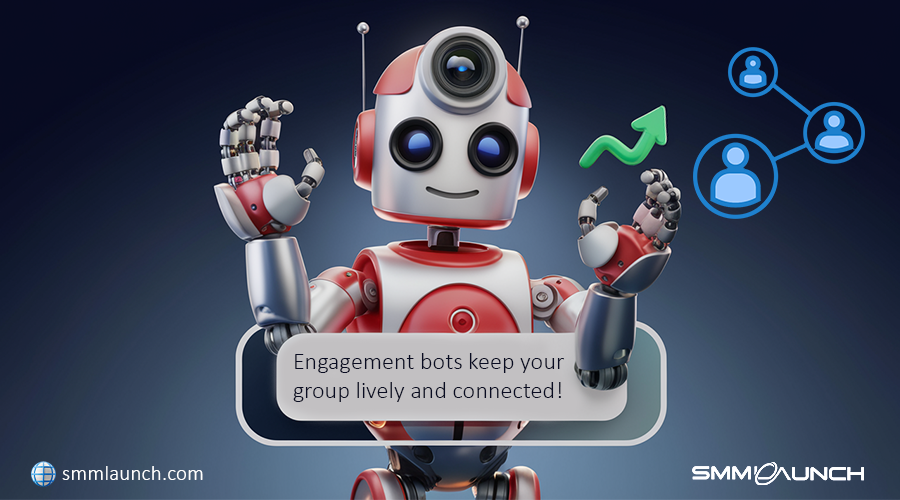 A friendly, red and white robot with glowing blue eyes raises its hands in an engaging gesture. The robot has an antenna and a happy expression, symbolizing its role as an engagement bot. A speech bubble reads, 'Engagement bots keep your group lively and connected!' with icons of connected user avatars and a green upward arrow, emphasizing the bot’s role in fostering group interaction. The SMM Launch logo is displayed, showcasing the brand's expertise in Telegram engagement bots.