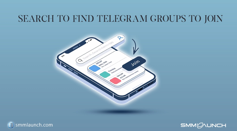 Illustration of a smartphone showing a Telegram search bar with various group options and a 