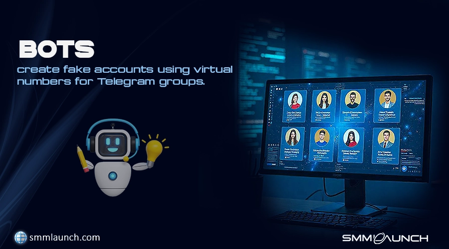 Bot creating fake Telegram accounts using virtual numbers displayed on a computer screen. The image represents the use of automation for generating fake accounts for Telegram groups, with SMMLaunch branding.