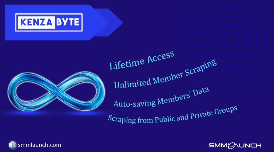 Kenza Byte software advertisement showing features such as unlimited member scraping and data analysis, set against a dark blue background with an infinity symbol, focusing on how to extract members from Telegram channels.