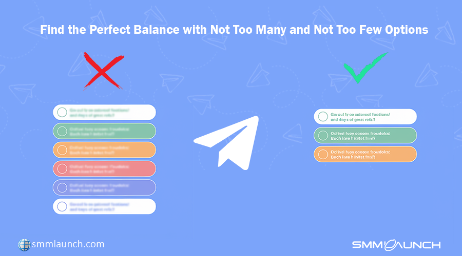 An illustration comparing two sets of poll options, one with too many choices and one with a balanced number of options, emphasizing the importance of finding the right number of options for accurate polling in Telegram. The image features the Telegram icon and highlights how to create concise and manageable poll options for better user engagement.