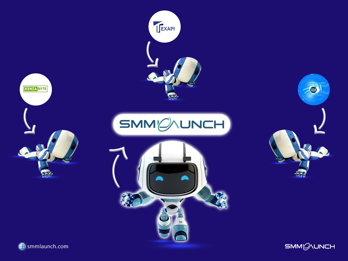 A central white robot with blue stripes, surrounded by four robots, each connected to circles labeled ‘vUser,’ ‘EXAPI,’ ‘KENZA BYTE,’ and ‘SMM LAUNCH.’ The image represents the process of extracting members from a Telegram channel.