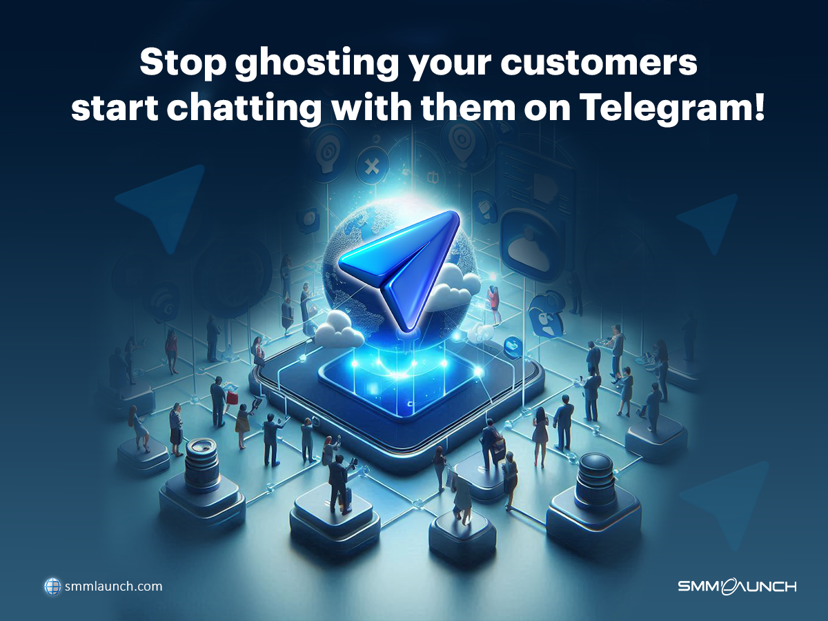 A digital illustration promoting Telegram Social Media Marketing. It features a large, glowing Telegram logo at the center, symbolizing communication and connectivity, surrounded by small figures of people interacting on a digital platform. The background is filled with icons representing messaging and digital communication, highlighting the importance of engaging with customers through Telegram. The slogan 'Stop ghosting your customers, start chatting with them on Telegram!' is displayed at the top, emphasizing the platform's potential for direct customer engagement. The bottom corner shows the website smmlaunch.com.