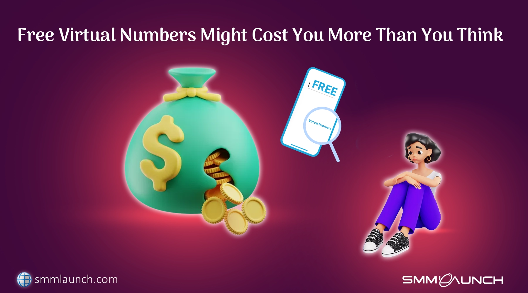 An illustration showing the potential hidden costs associated with free virtual numbers. The image includes a large green bag with a dollar sign, spilling coins, symbolizing unexpected expenses. A mobile phone displays the word 