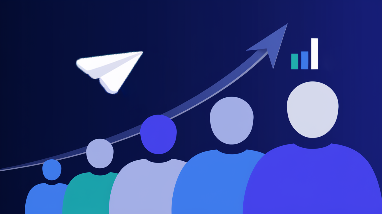 Graphic depicting the growth of Telegram members with an upward arrow, user icons, and a Telegram paper plane logo on a dark blue background.