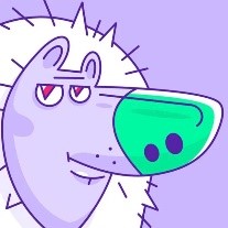  A cartoon hedgehog featuring a green nose and purple eyes, depicted in a playful and colorful style.