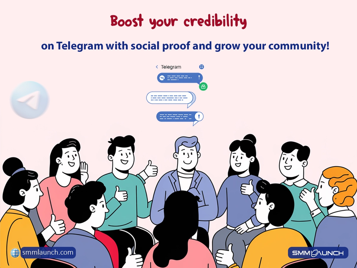 Illustration showing a group of people sitting in a circle, all giving thumbs-up gestures to represent approval. The text reads 'Boost your credibility on Telegram with social proof and grow your community!' with a Telegram icon on the left. The scene emphasizes how to increase social proof on Telegram by gaining positive feedback from a community.