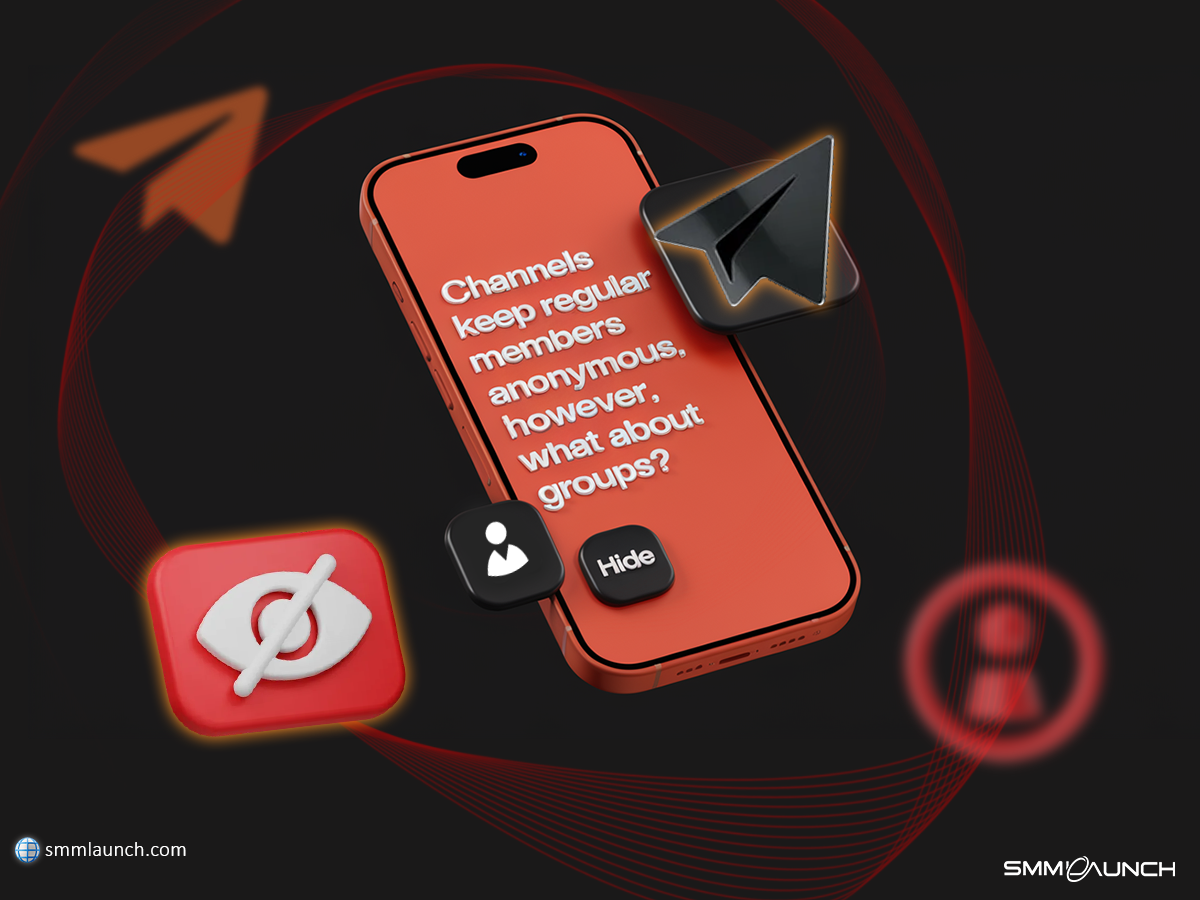 Illustration of a smartphone screen displaying the text, 'Channels keep regular members anonymous. However, what about groups?' with icons symbolizing privacy, user hiding, and Telegram logos. This image visually explores how to hide members in Telegram channels, emphasizing the differences in privacy settings between channels and groups on the platform.