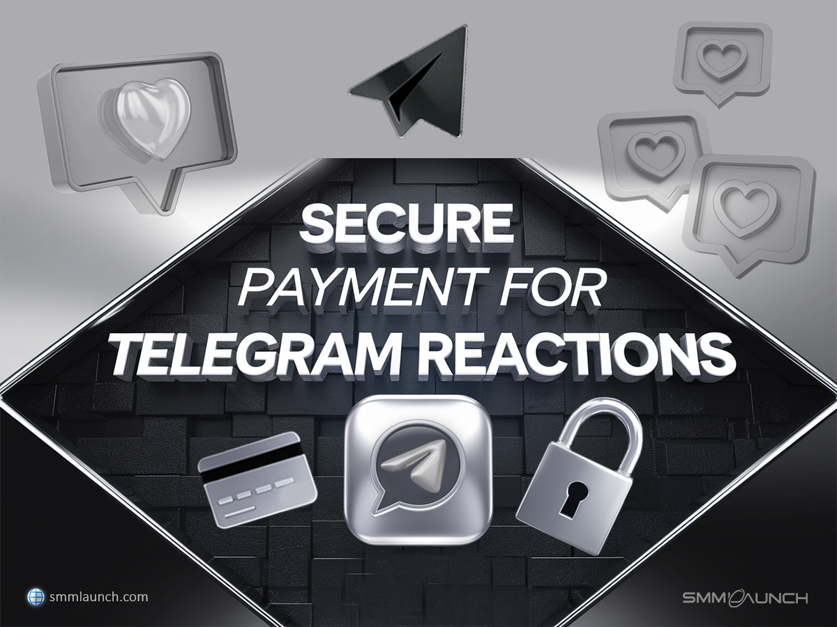 A sleek, modern promotional graphic with 3D icons for secure payment related to Telegram reactions, including a credit card, padlock, and chat bubbles with heart icons.