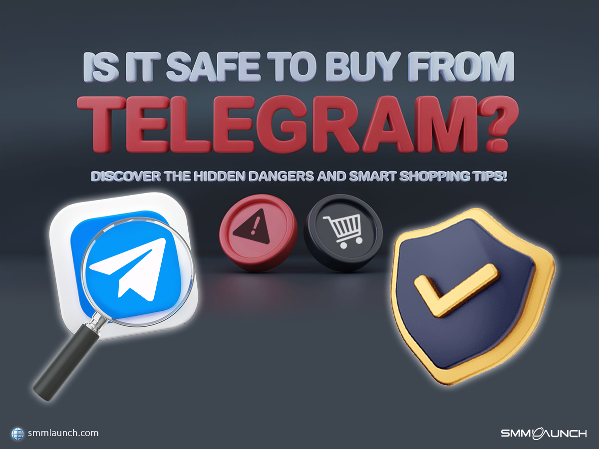 3D illustration with a modern, sleek design exploring the question: 'Is it safe to buy from Telegram?' Key visual elements include a magnified Telegram app logo, a red warning icon, a shopping cart symbol, and a blue shield with a gold checkmark symbolizing security. Below the main headline, the text 'Discover the hidden dangers and smart shopping tips!' is displayed. The background features a dark gradient, with the SMMLaunch logo subtly placed in the corner for branding.