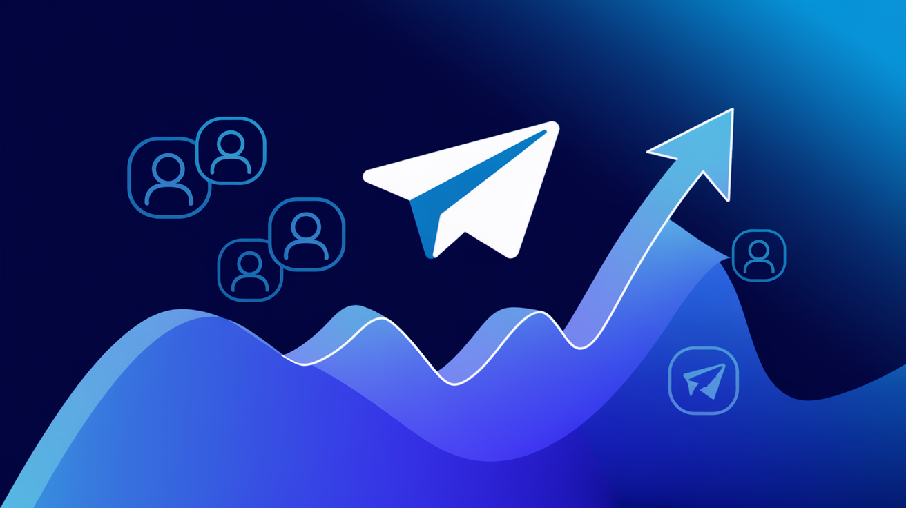 Illustration of the Telegram logo with an upward arrow indicating growth, surrounded by user profile icons, symbolizing buying Telegram members to boost engagement.