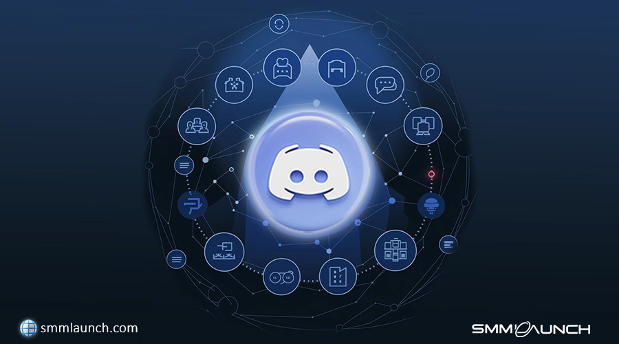 Visual representation of Discord's logo at the center of interconnected icons, showcasing community and chat-related features, highlighting Discord as a community-focused alternative to Telegram.