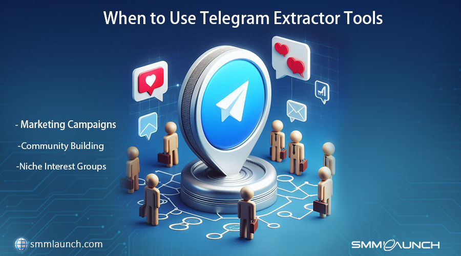 Stylized blue location pin with Telegram logo and user interactions, highlighting when to use Telegram extractor tools for campaigns and niche groups.