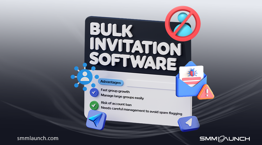 Promotional graphic for bulk invitation software, showing advantages, risks, and icons related to group management on Telegram.