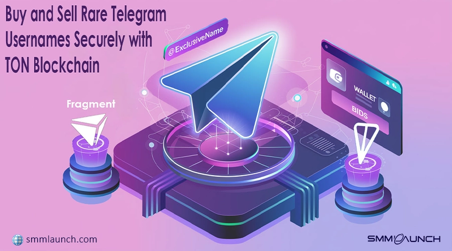 Illustration of Telegram's integration with the TON Blockchain, featuring the Telegram logo glowing atop a futuristic platform, symbolizing secure and decentralized username trading. A floating tag '@ExclusiveName' highlights collectible usernames. On the left, the word 'Fragment' represents Telegram's official platform for username auctions. On the right, a digital wallet interface labeled 'BIDS' signifies secure transactions. The background blends pink and purple gradients with digital networks, emphasizing blockchain technology. SMMlaunch branding appears in the bottom-left corner for attribution.