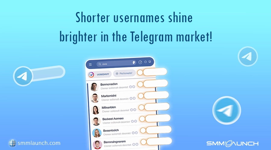 A promotional graphic highlighting the value of shorter usernames in the Telegram market. The image displays a Telegram interface with a search bar and a list of usernames, emphasizing that shorter usernames are more desirable. The background is light blue, with the Telegram logo and text that reads, 