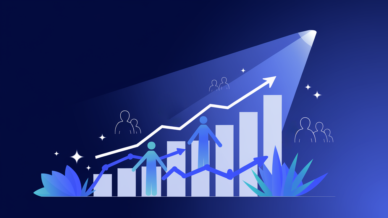 Illustration of growth and engagement, showcasing a rising graph with human icons, symbolizing enhanced credibility and visibility for Telegram channels.