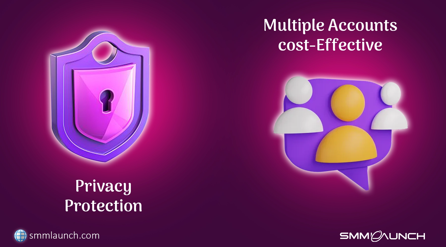 Illustration highlighting the benefits of using free virtual numbers on Telegram. A purple shield symbolizes privacy protection, while an icon of multiple user figures represents the cost-effective creation of multiple accounts. The image reflects key advantages discussed in the article, such as maintaining anonymity and managing several accounts efficiently, with branding by smmlaunch.com.