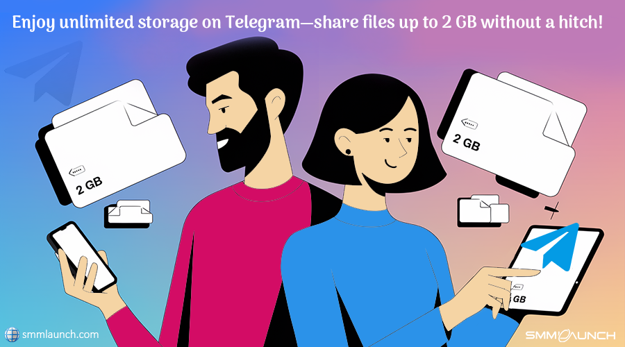 This image highlights Telegram's advantage in allowing large file transfers and unlimited storage. It features two illustrated characters, one holding a smartphone and the other a tablet, each engaging with files labeled 