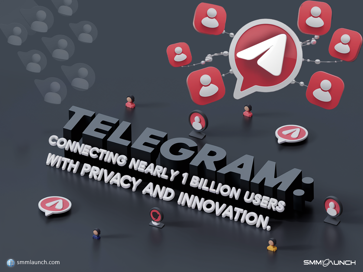 The image is a 3D illustration emphasizing Telegram’s large user base and focus on privacy. At the center is a prominent Telegram logo, with smaller user icons connected to it by dotted lines, symbolizing global connectivity. Below, bold text reads 