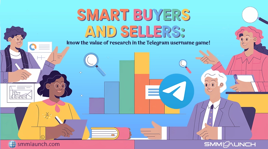 A colorful illustration promoting smart buyers and sellers in the Telegram username market. The image shows diverse characters working on charts and graphs, suggesting research and analysis. A large Telegram logo appears in the center with the text: 