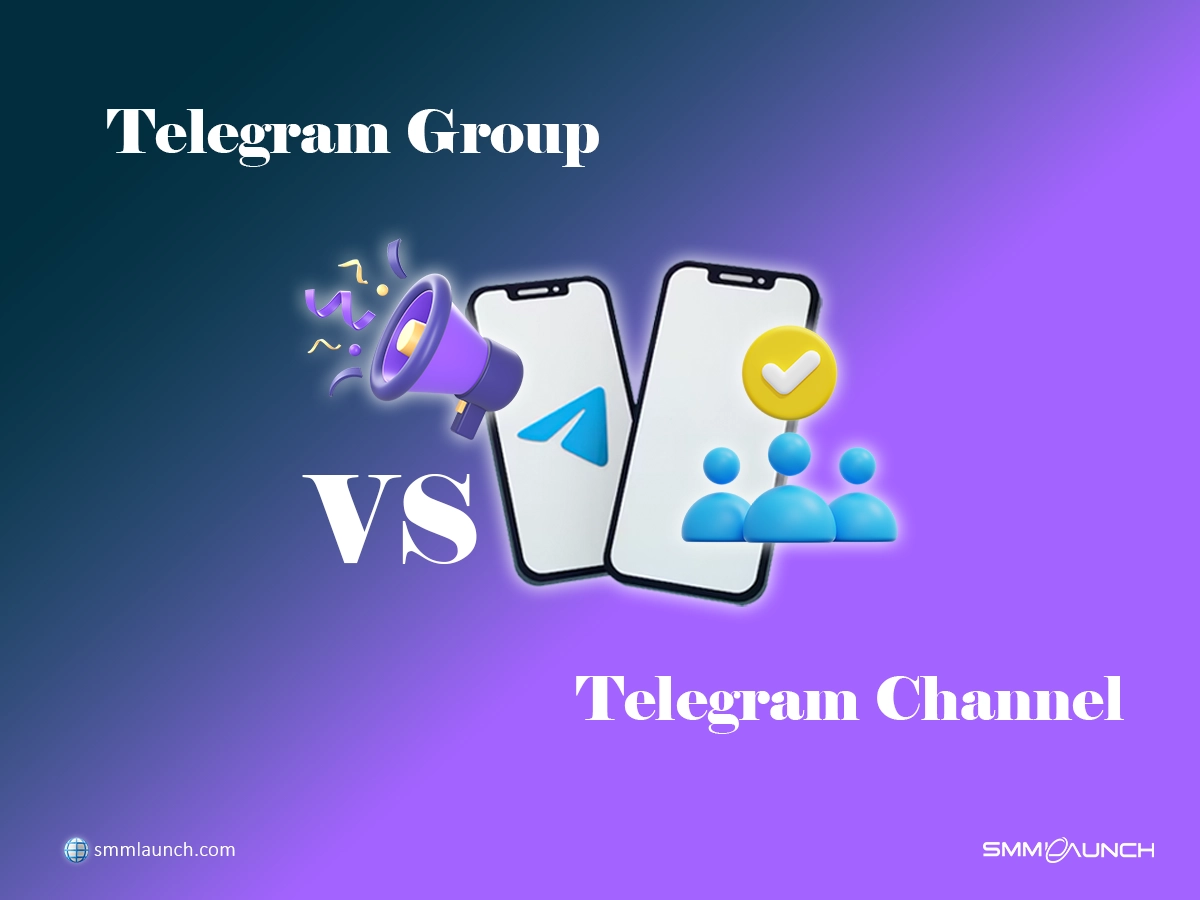 Graphical comparison between a Telegram Group (represented by a megaphone icon and group of people) and a Telegram Channel (represented by a checkmark over group of people) with a purple-blue gradient background.