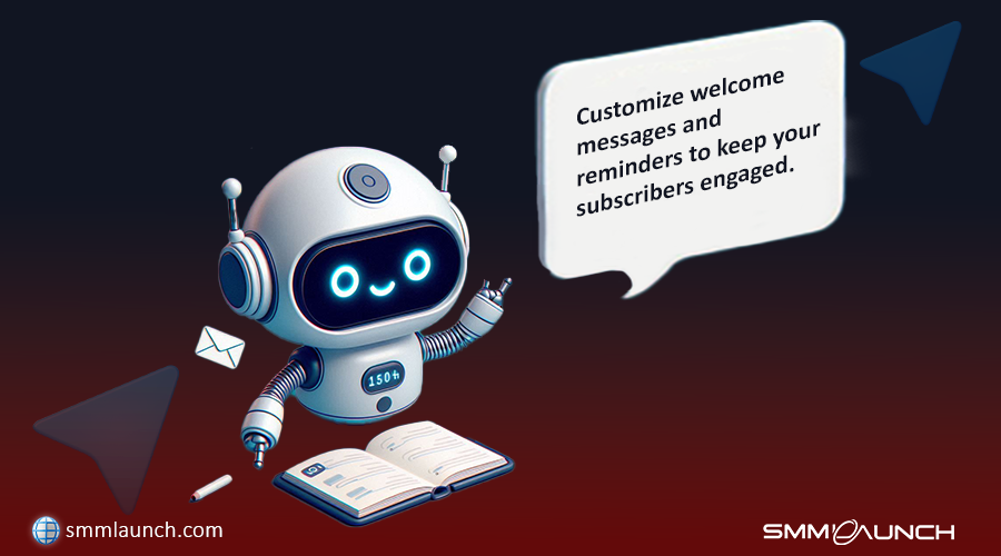 A friendly, cartoon robot is depicted in a futuristic setting. It's wearing a white, rounded body with blue accents and has large, expressive eyes. The robot is holding an open book and pointing upwards with a finger, as if making a suggestion. The background is a gradient of dark red and black, with arrows pointing towards the robot. Text bubbles appear near the robot, one saying 