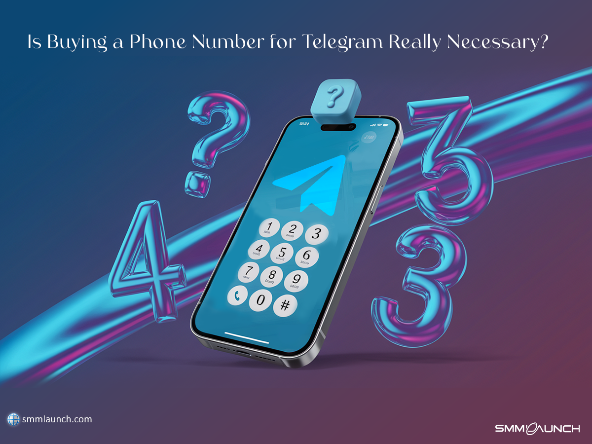 Close-up of a modern blue cell phone with a sleek design. The screen displays a large question mark alongside a phone call prompt featuring a number pad. The text 'Is Buying a Phone Number for Telegram Really Necessary?' is prominently shown on the screen, suggesting a digital communication theme. The phone has white accents that enhance its modern look. At the bottom of the screen, a website URL is visible, indicating a connection to a specific brand or service.