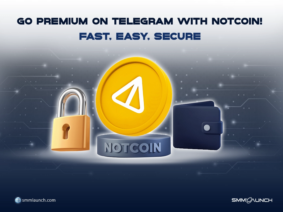 Screenshot of a website promoting premium services on Telegram using NotCoin, featuring the SMMLAUNCH logo and brand name for secure and fast transactions.