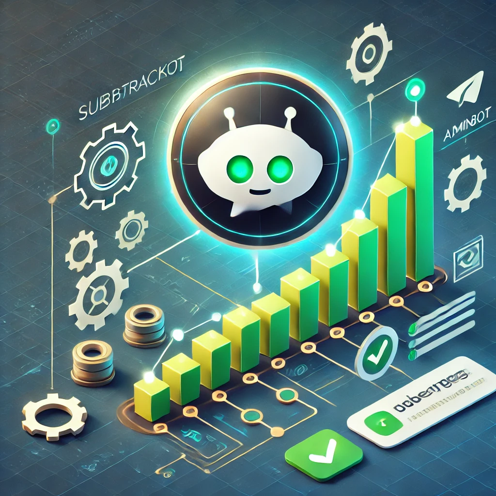 3D image showing the growth of a social media bot with an alien-like face, an upward trend graph, and icons for features like automation and success. It highlights the successful implementation of the bot and its effectiveness.