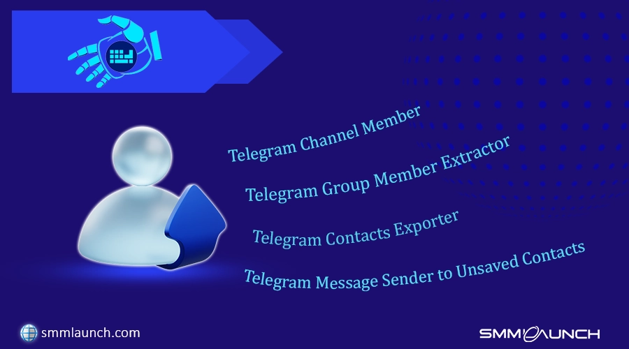 Service advertisement with a blue arrow and features like Telegram Channel Member extraction and Message Sender to Unsaved Contacts, set against a dark blue background with a light blue gradient.