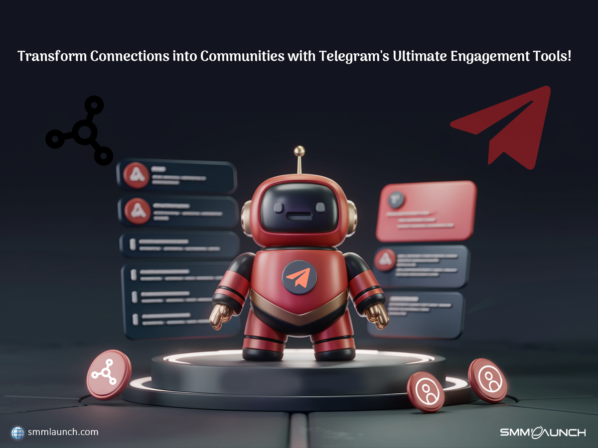 A sleek 3D red robot with a Telegram logo stands on a glowing circular platform, surrounded by futuristic floating interfaces representing Telegram Engagement Services. Icons for sharing, community, and connectivity emphasize the engagement tools, while SMMLaunch branding is subtly displayed at the bottom left corner.