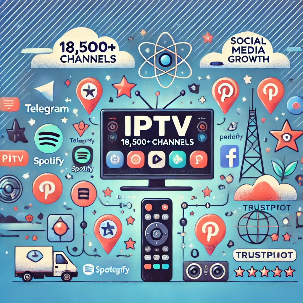 An illustration showcasing IPTV service with 18,500+ channels, social media growth tools like Telegram, Spotify, Pinterest, Reddit, Trustpilot, and custom reviews. Visual elements to include a TV screen with streaming icons, social media logos, and review stars to reflect digital services and growth.