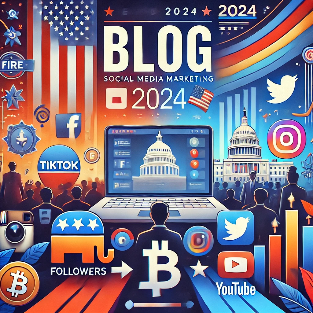 Dynamic blog cover image showcasing social media marketing in 2024 with elements of the US Election, Instagram, TikTok, Twitter, and crypto engagement, highlighting followers, likes, and views in a vibrant, growth-oriented design for FIRE SMM.