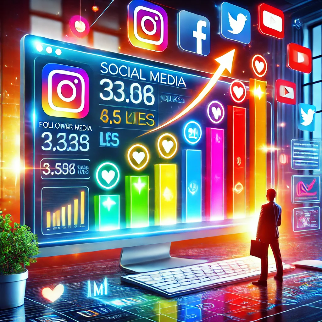 Digital dashboard showcasing social media growth metrics with floating social media icons, illustrating the benefits of using an SMM panel to boost engagement on platforms like Instagram, Facebook, Twitter, and YouTube.