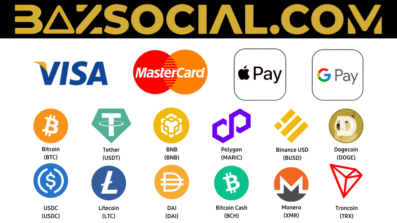 Baz Social accepts Visa, Mastercard, Apple Pay, and all cryptocurrencies for payments