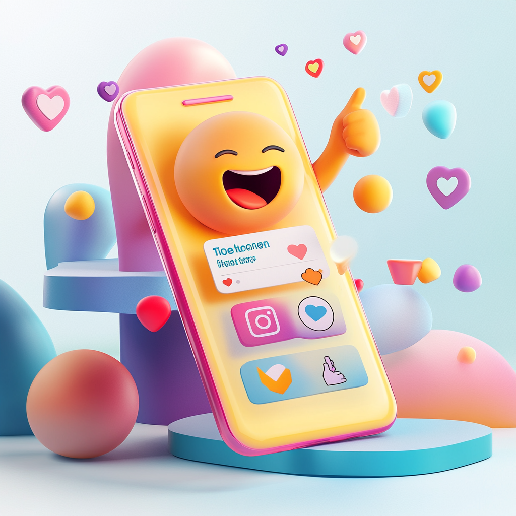  A vibrant and colorful webpage design showcasing a phone screen with an Instagram profile rapidly gaining followers. The screen displays notifications of new followers popping up, with happy emojis and likes floating around. The background features a smiling character excitedly pointing at the phone, symbolizing joy and excitement.