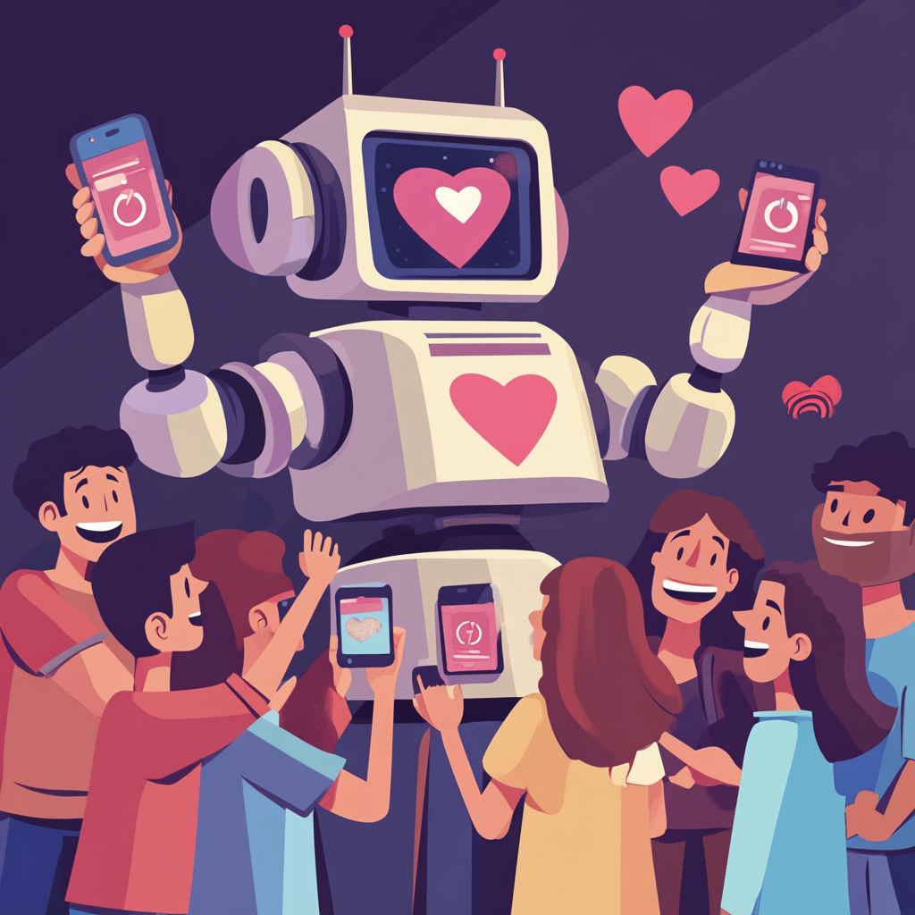 A cartoon-style scene where a friendly robot is handing out Instagram followers like candy to a group of happy people. The robot has a digital screen displaying a heart icon and follower count, while the people around it have cheerful expressions, holding their phones with the Instagram app open, showing growing follower numbers.