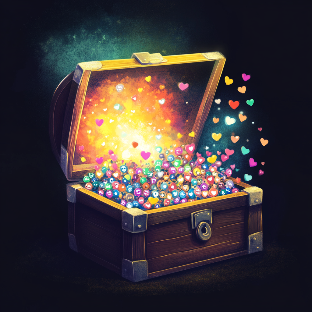 A fun and playful illustration of a treasure chest overflowing with Instagram followers represented as tiny avatars. The chest is open, with a burst of colorful light coming out, symbolizing the idea of finding 'free Instagram followers.' In the background, the Instagram logo can be subtly incorporated into the design, blending with the treasure theme.