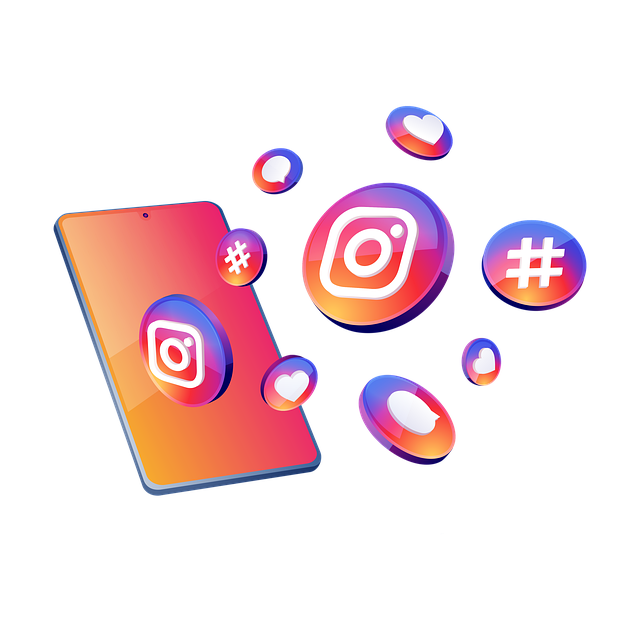  A smartphone displays Instagram icons, including hashtags, likes, and hearts, styled in vibrant hues of orange, pink, and purple.